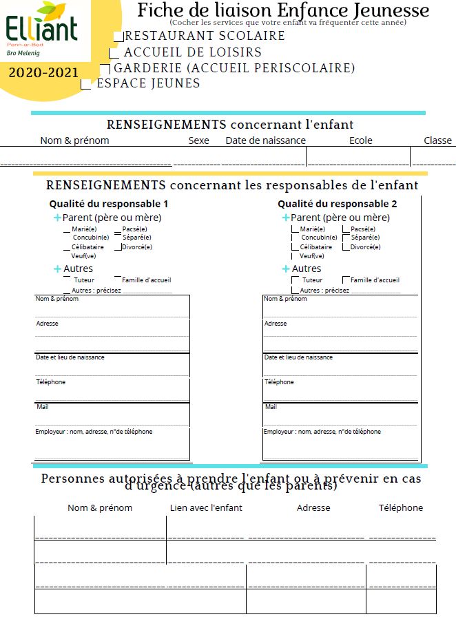 Fiche de liaison enfance jeunesse  Mairie Elliant